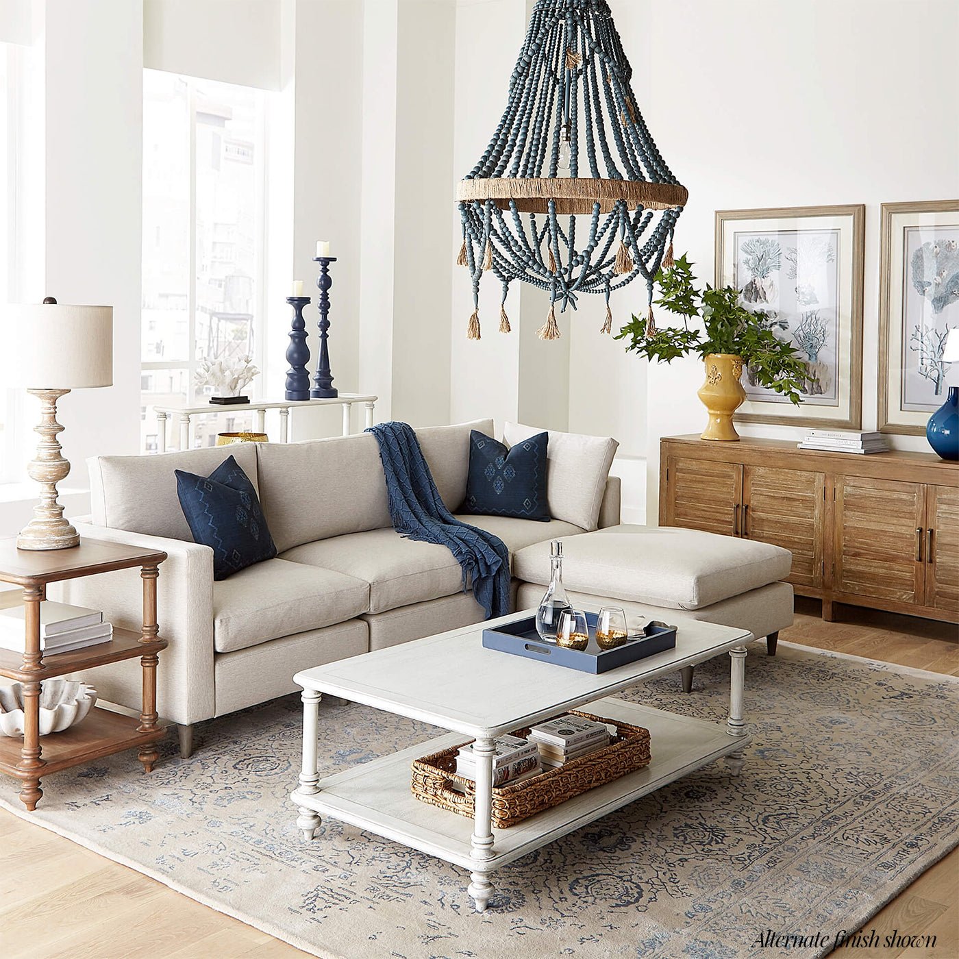 Coastal sideboard in styled living room, alternative finish