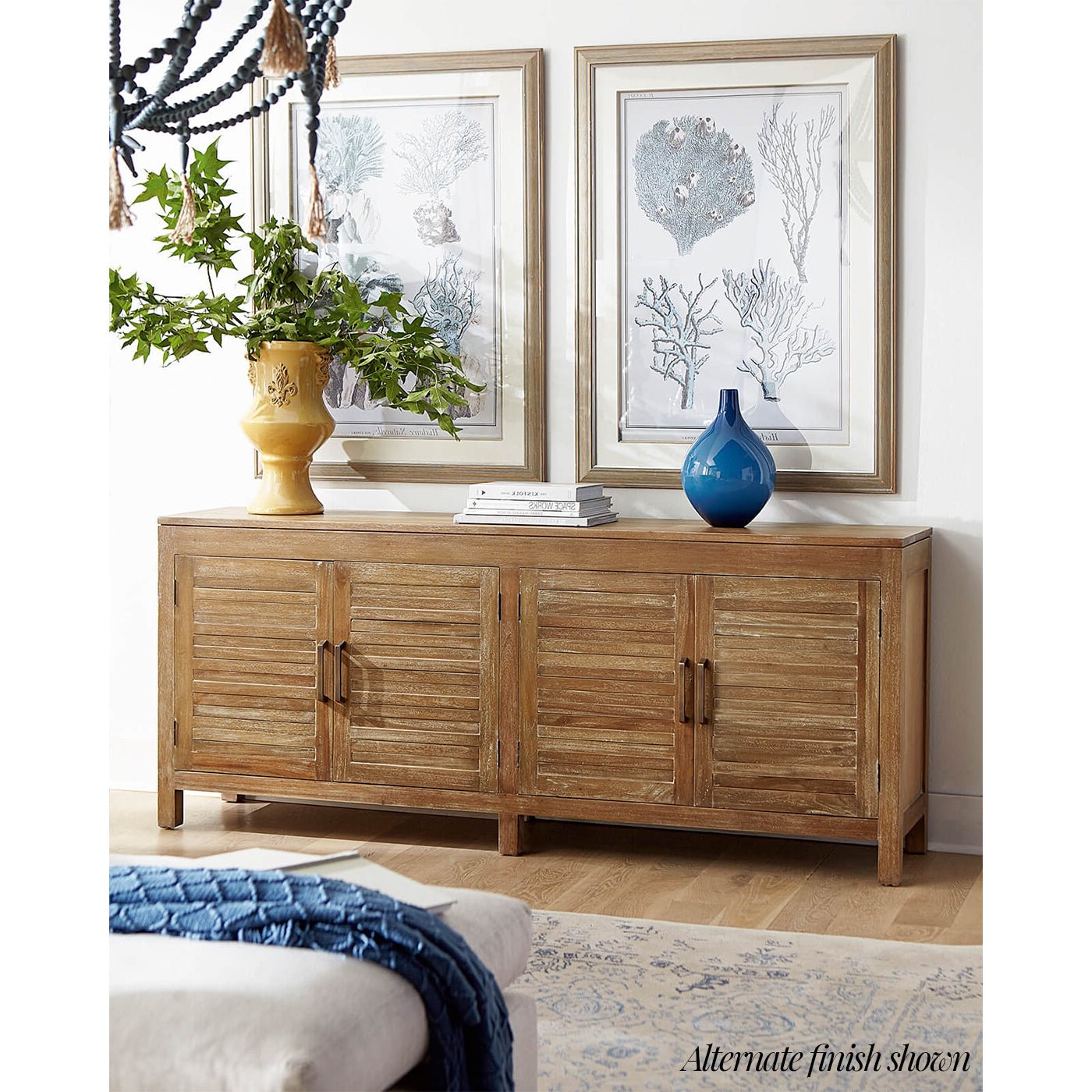 Coastal sideboard in room, alternative finish, decor on top