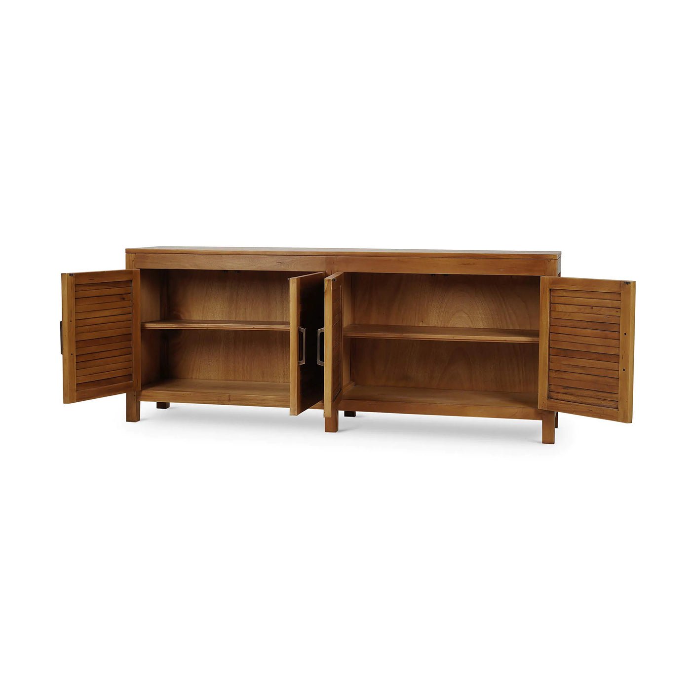 Open coastal sideboard showing interior shelves