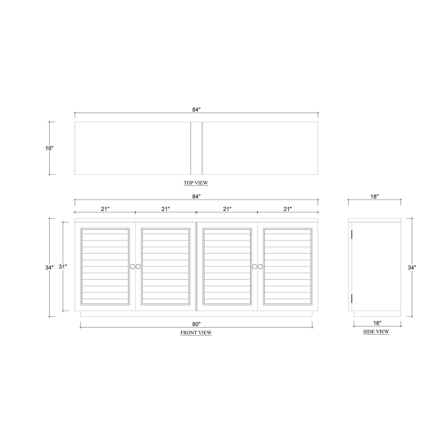 Sideboard dimensions diagram, top, front, side views, ocean blue.