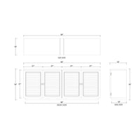 Sideboard dimensions diagram, top, front, side views, ocean blue.