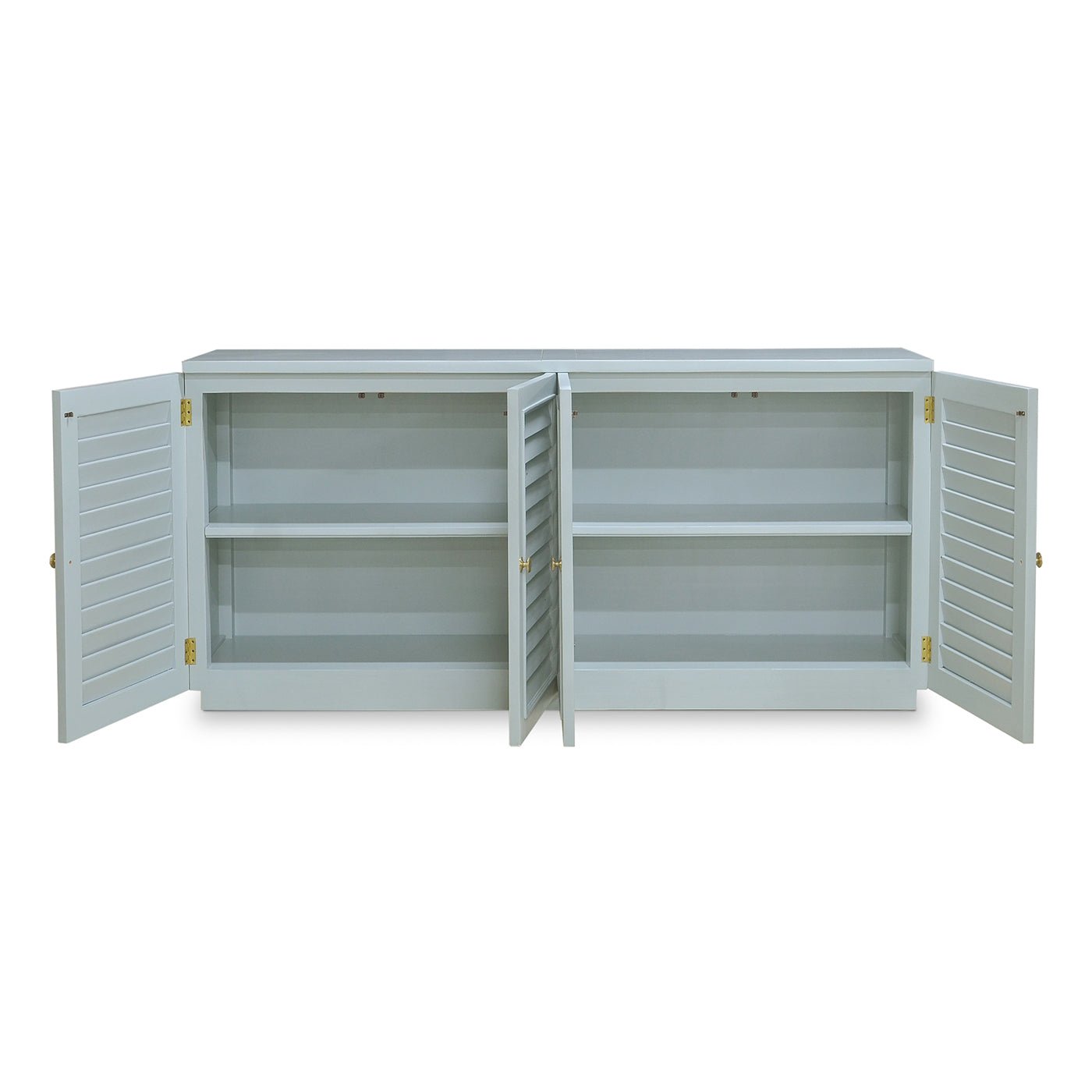 Sideboard open, interior storage shelves, ocean blue, four doors.