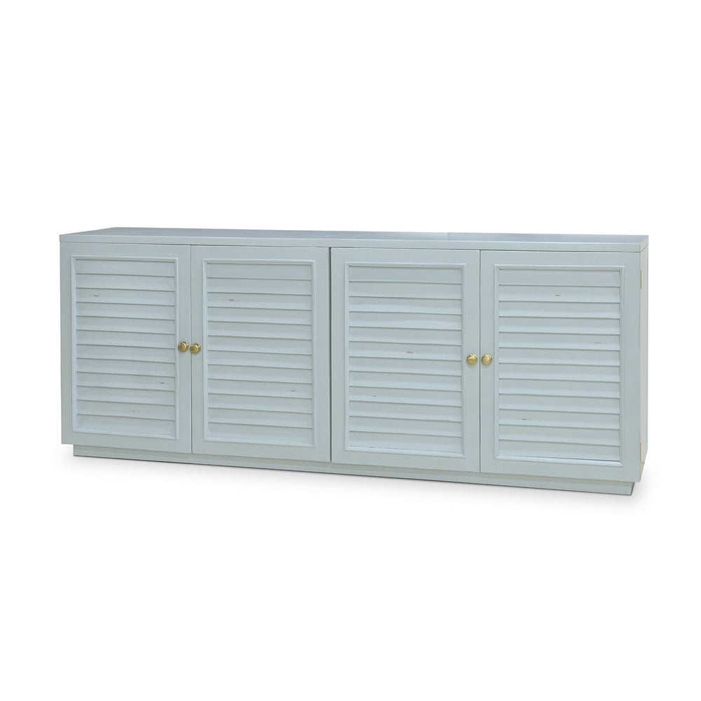Ocean blue sideboard, front view, closed doors, four panels.
