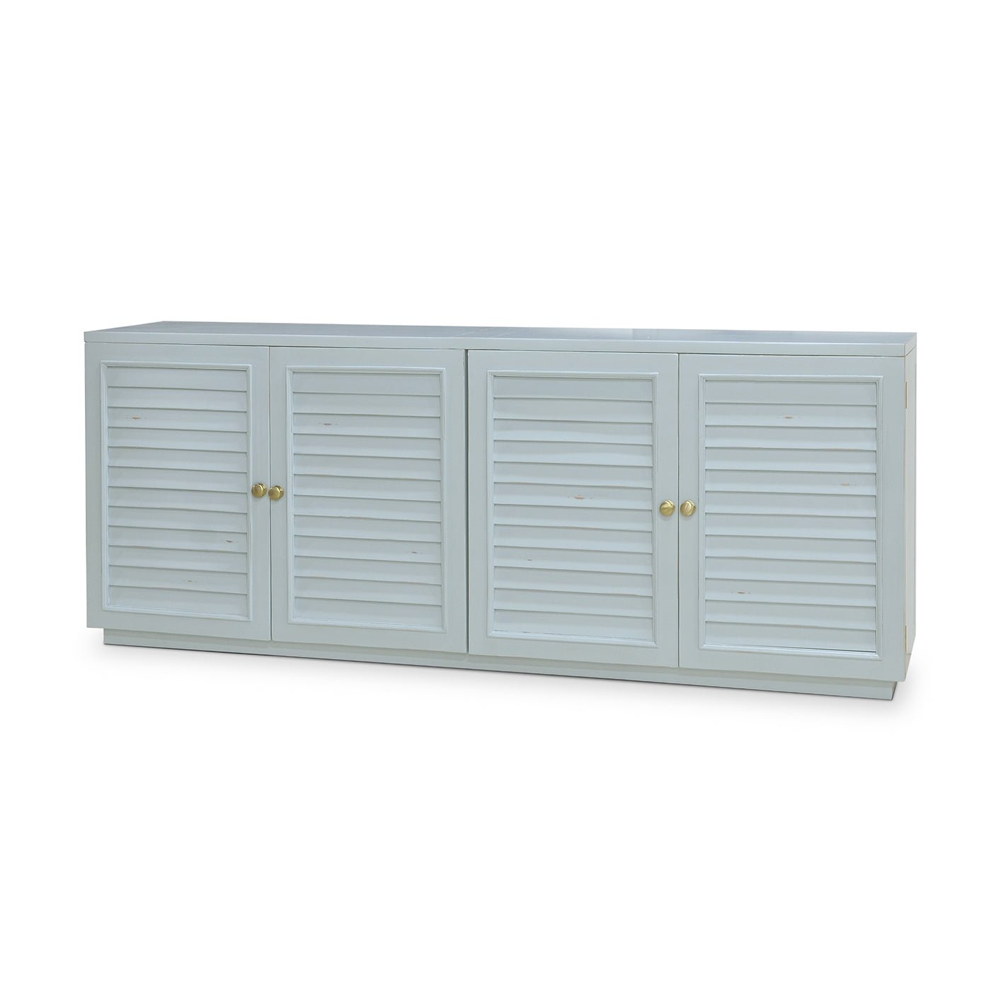 Ocean blue sideboard, front view, closed doors, four panels.