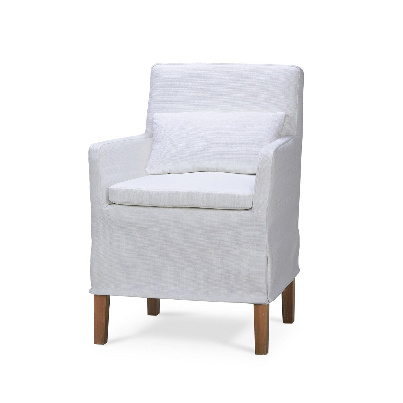 White slipcovered armchair front view with cushion detail.