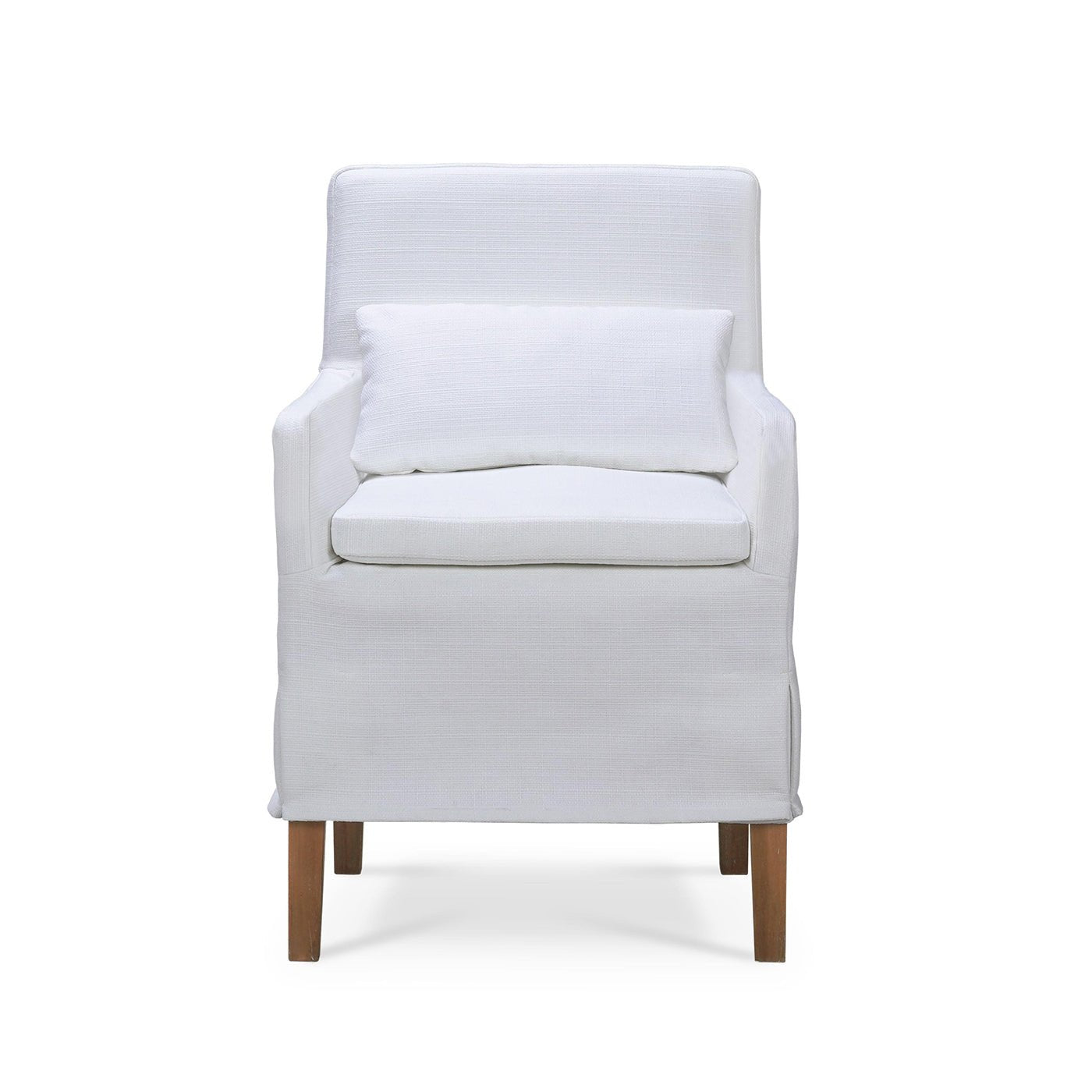 White slipcovered armchair front view with cushion.