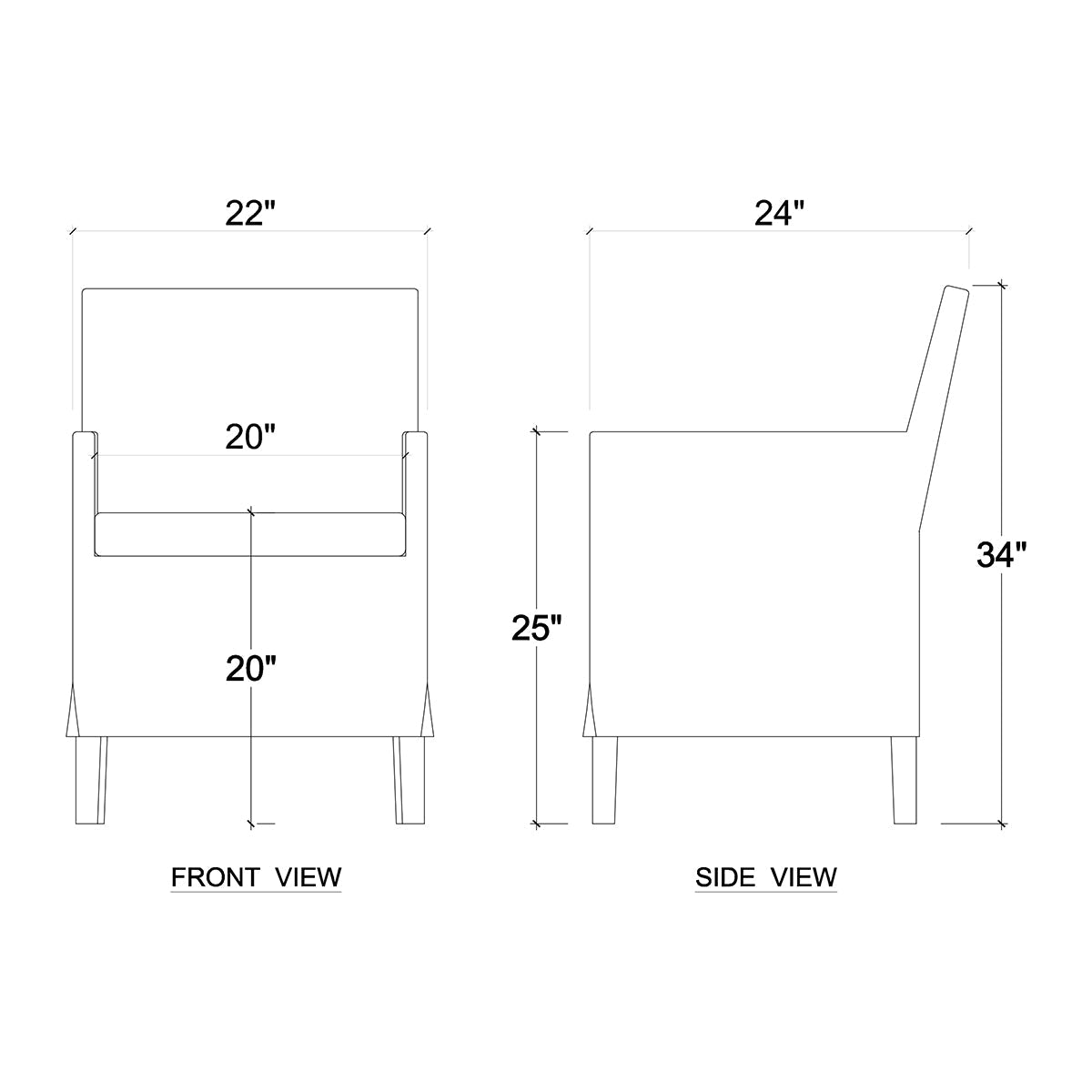 Dimensions and design sketch of slipcovered dining armchair.