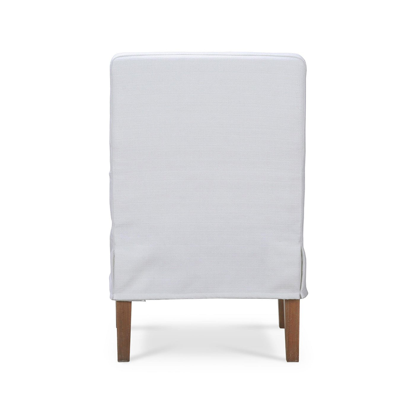 Back view of white slipcovered armchair.