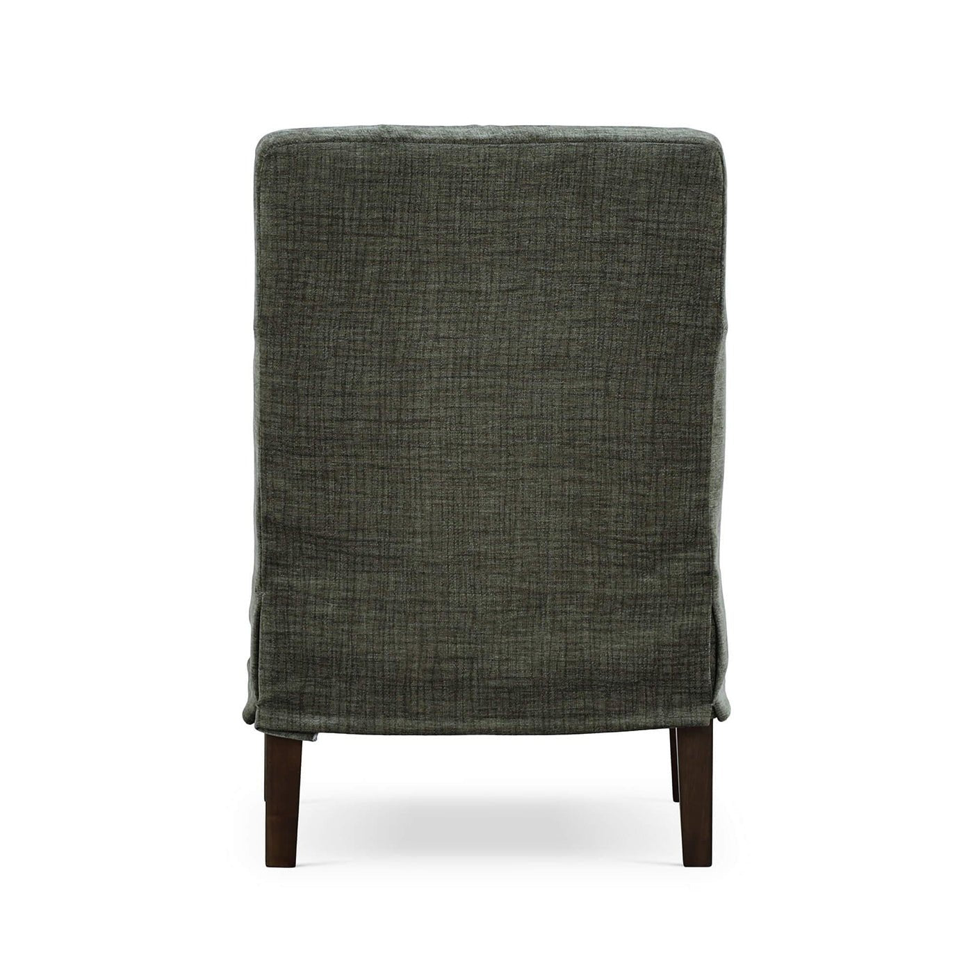 Green slipcovered dining armchair, back view.