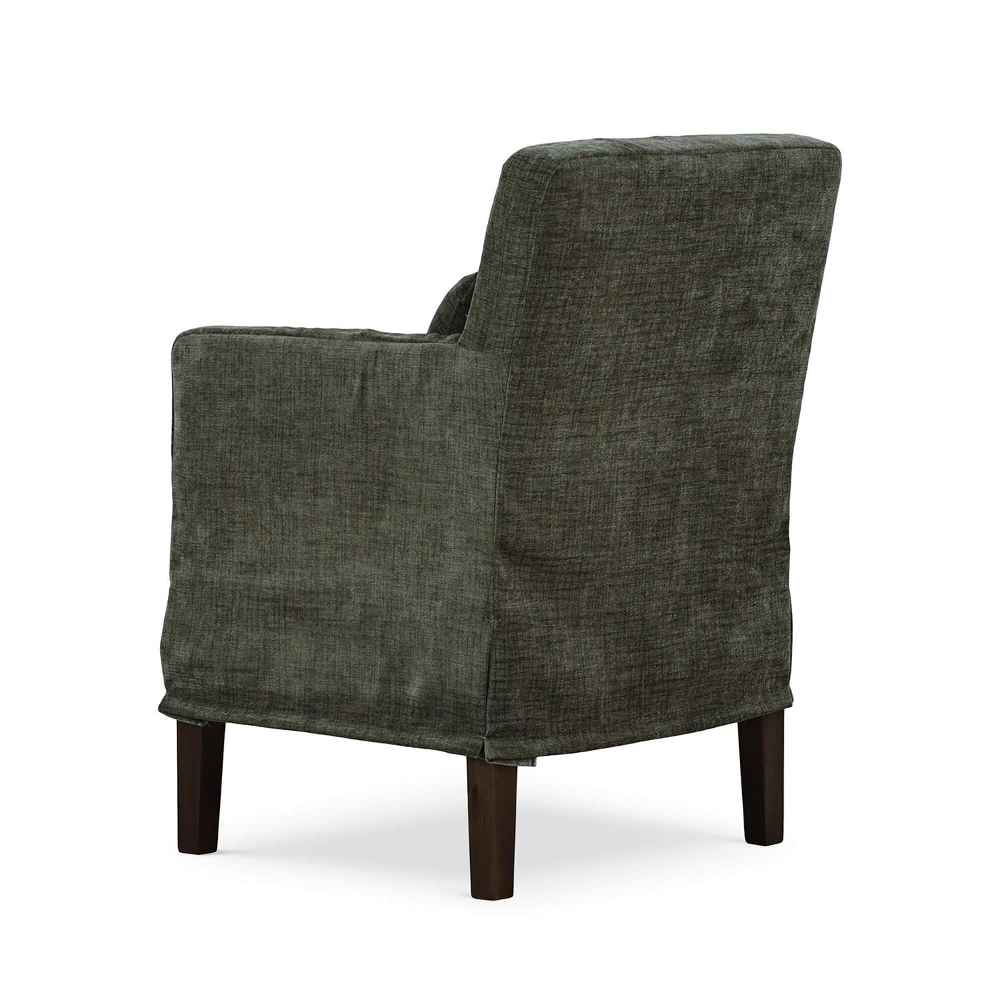 Green slipcovered dining armchair, back three-quarter view.