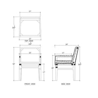 Slipcovered dining armchair, green upholstery, dimension diagrams.