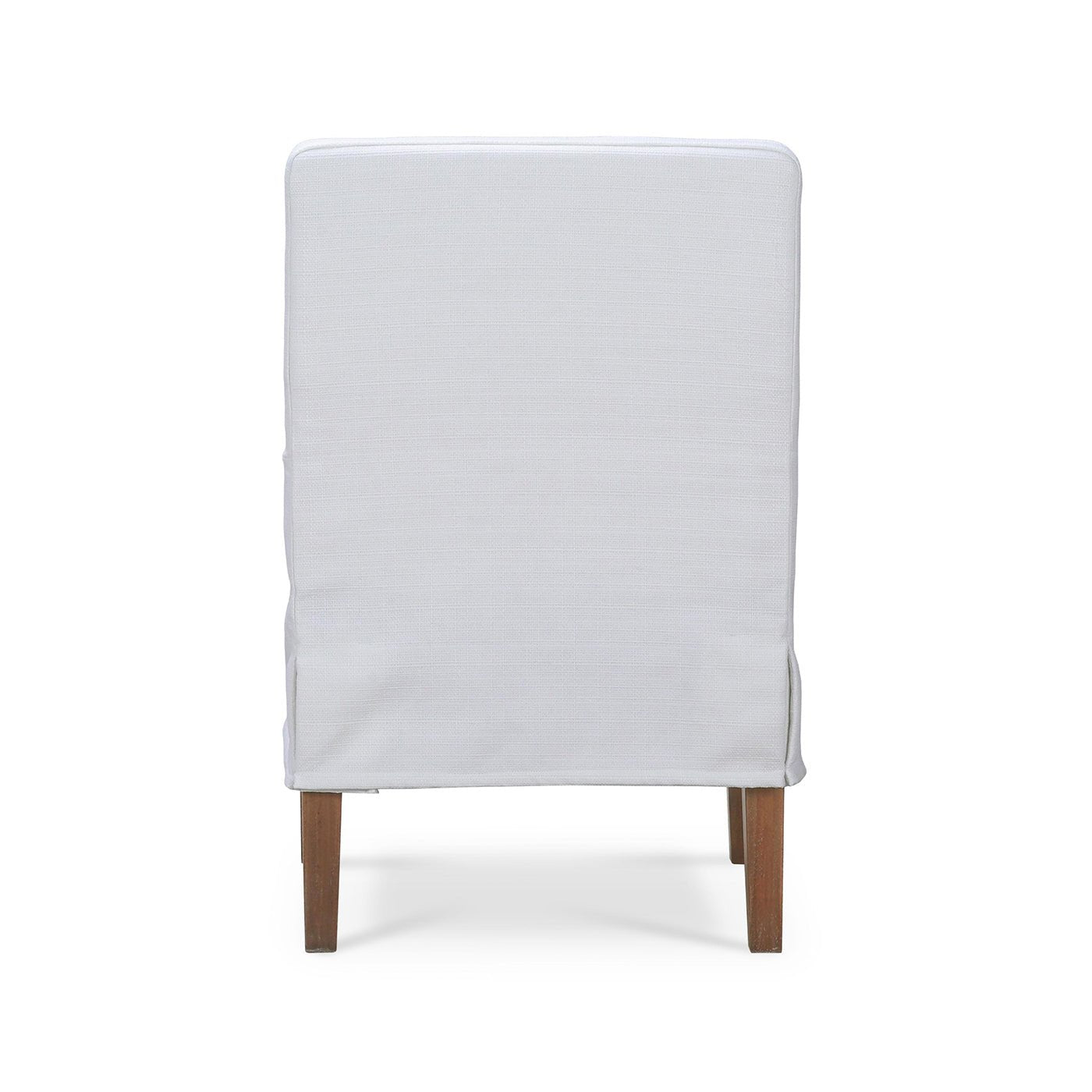 Back view of white slipcovered dining chair.