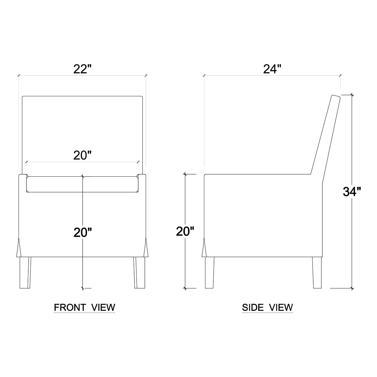 Dimensions diagram for white slipcovered dining chair.