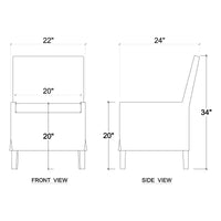 Dimensions diagram for white slipcovered dining chair.
