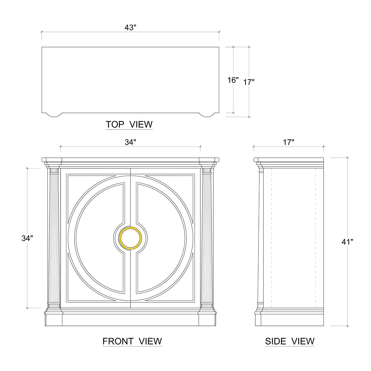 Dimensional diagram of Coastal Small Credenza cabinet.