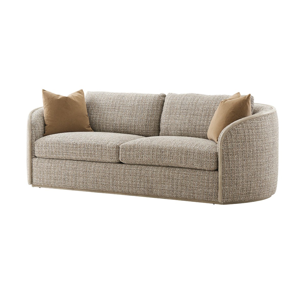 Beige chenille sofa with cushions, angled front view.