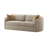 Beige chenille sofa with cushions, angled front view.