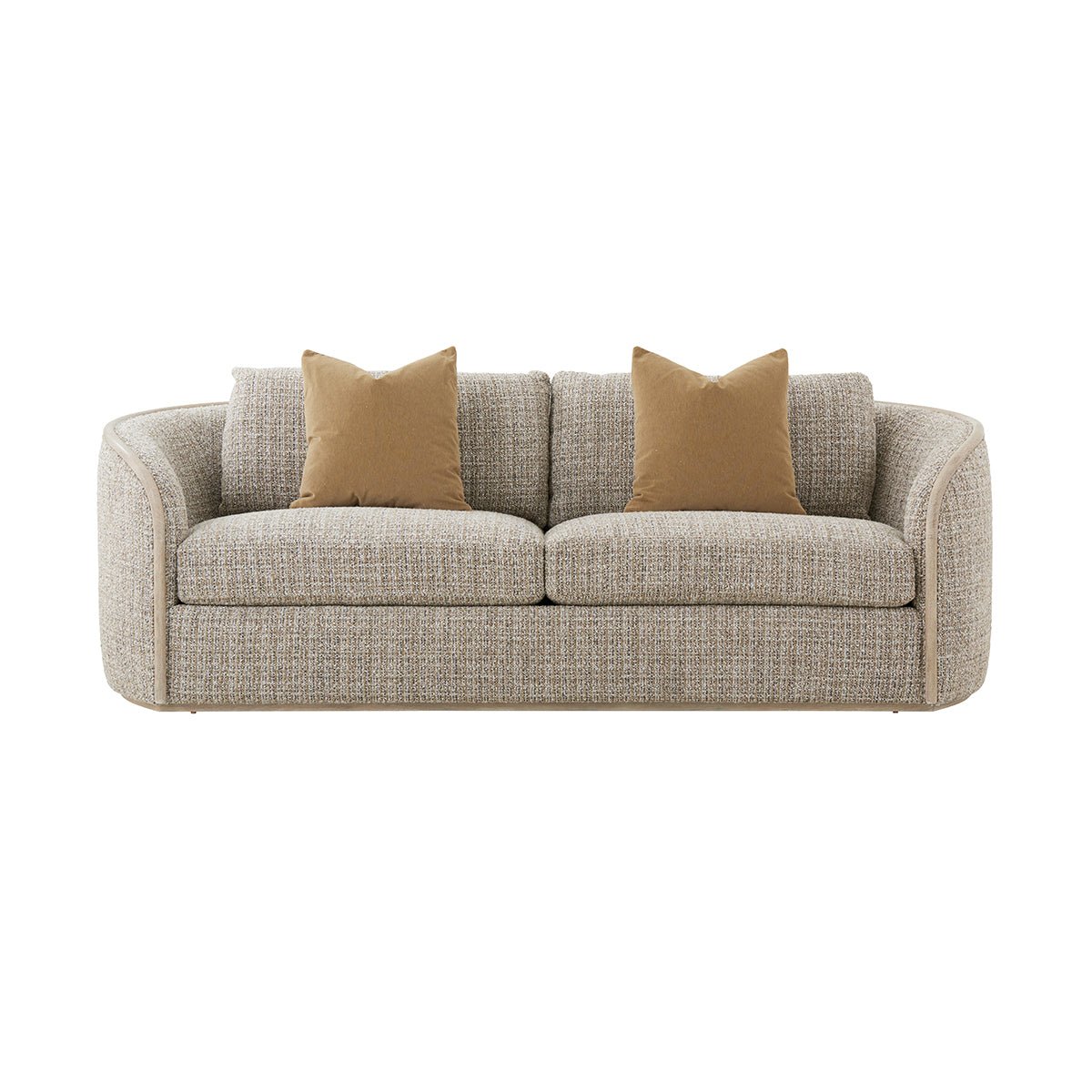 Beige chenille sofa with cushions, straight front view.