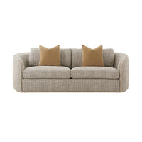 Beige chenille sofa with cushions, straight front view.