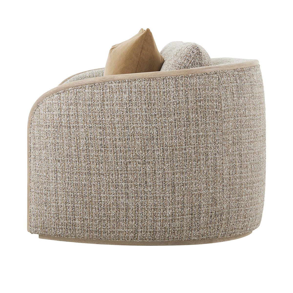 Side view of textured chenille sofa with cushion.