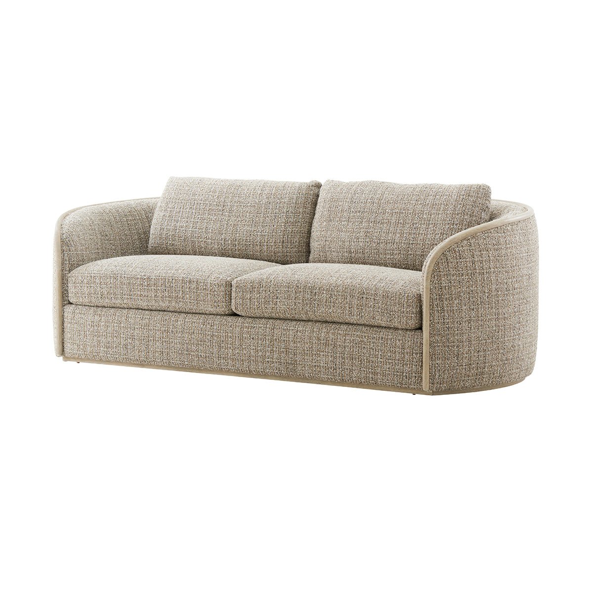 Beige chenille sofa without cushions, angled front view.