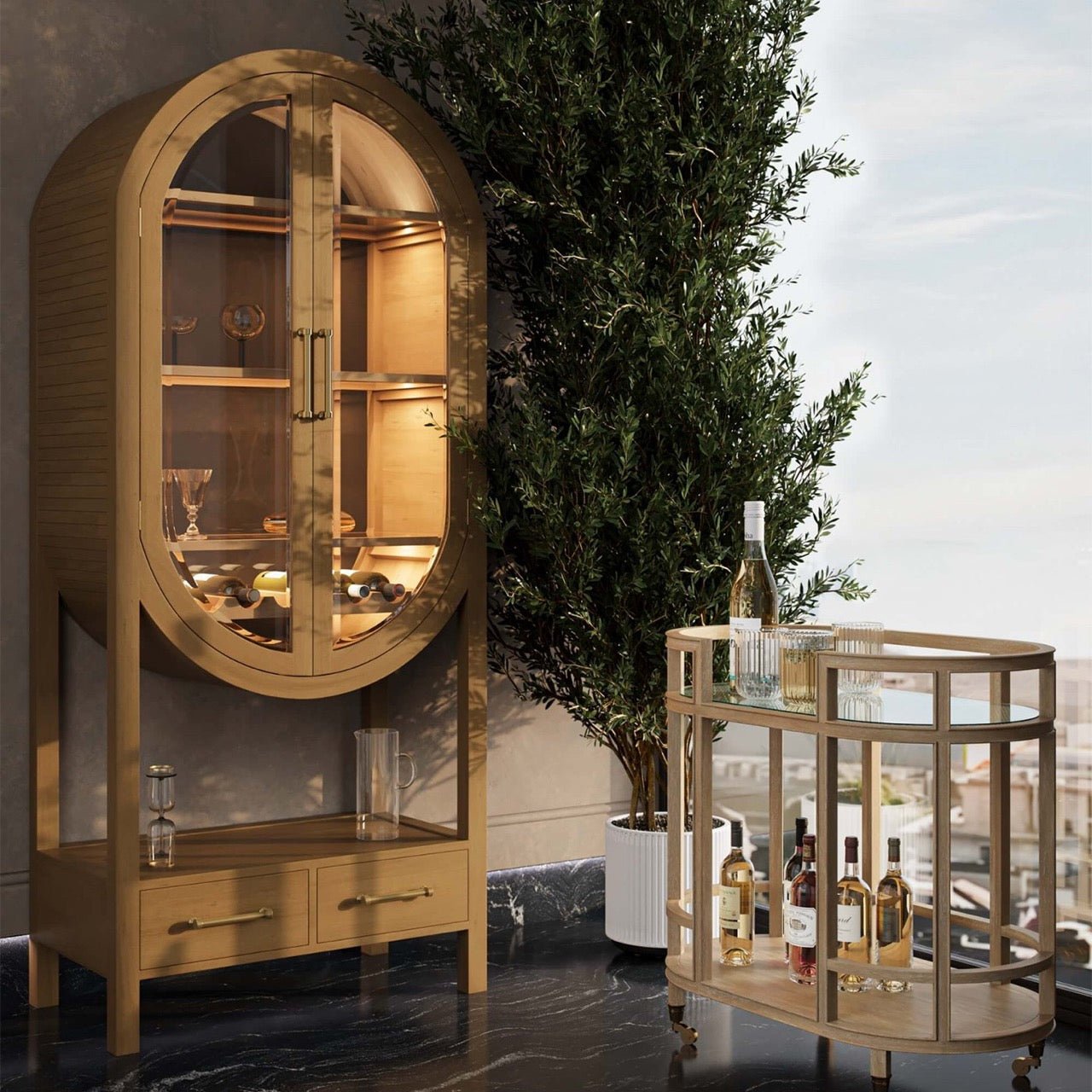 Bar cart in room with decor and bottles, lifestyle setting.
