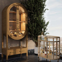 Bar cart in room with decor and bottles, lifestyle setting.