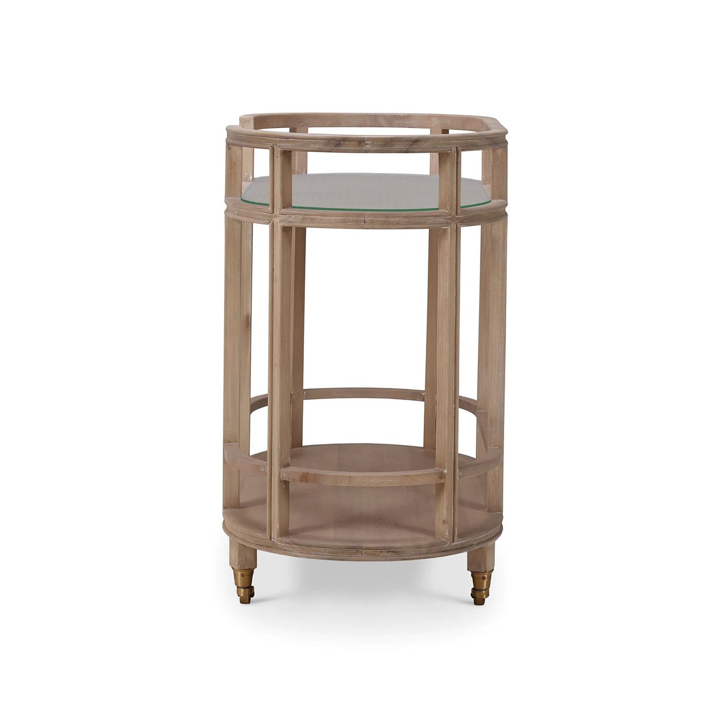 Side view of light wood bar cart showing structure.
