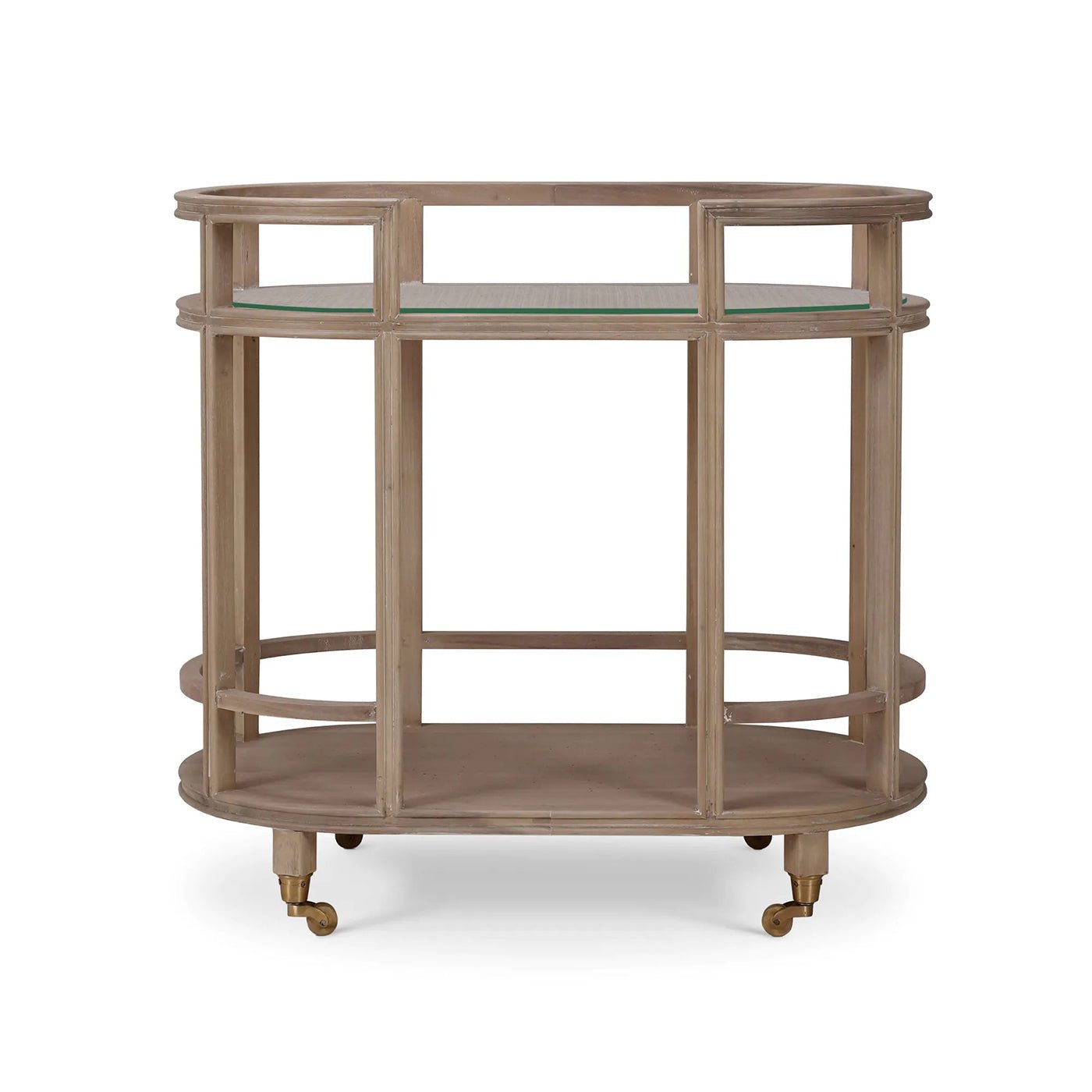 Front view of light wood bar cart on wheels.
