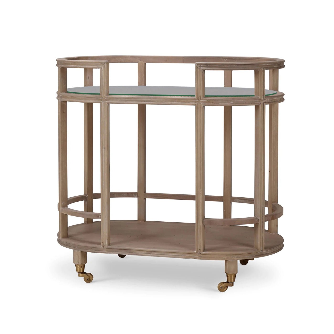 Light wood bar cart on wheels, angled view.