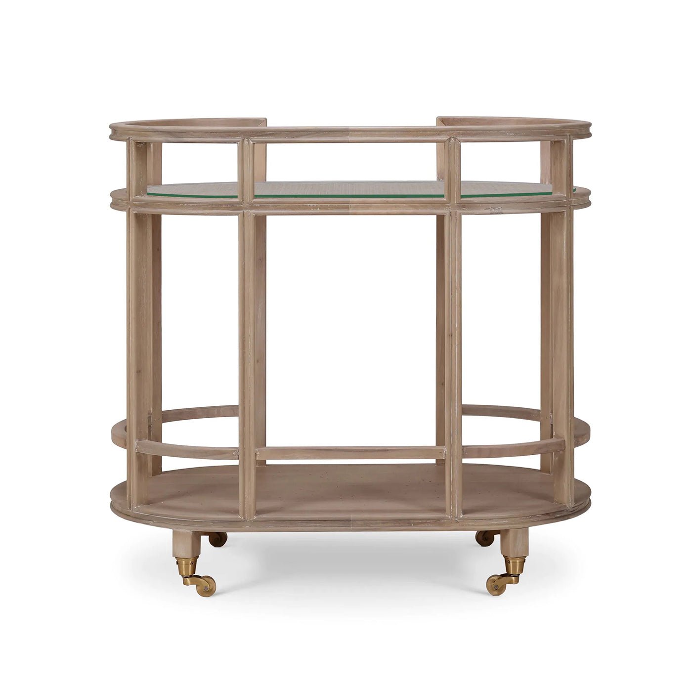 Straight-on view of bar cart with glass shelves.