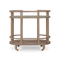 Straight-on view of bar cart with glass shelves.