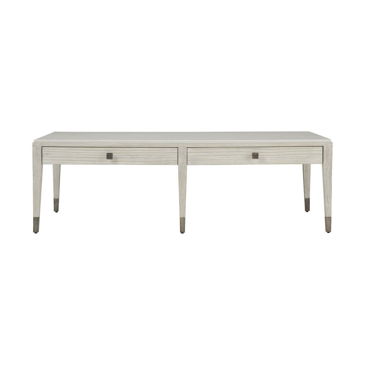 Front view of coastal style cocktail table, two drawers.