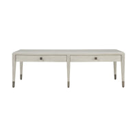 Front view of coastal style cocktail table, two drawers.