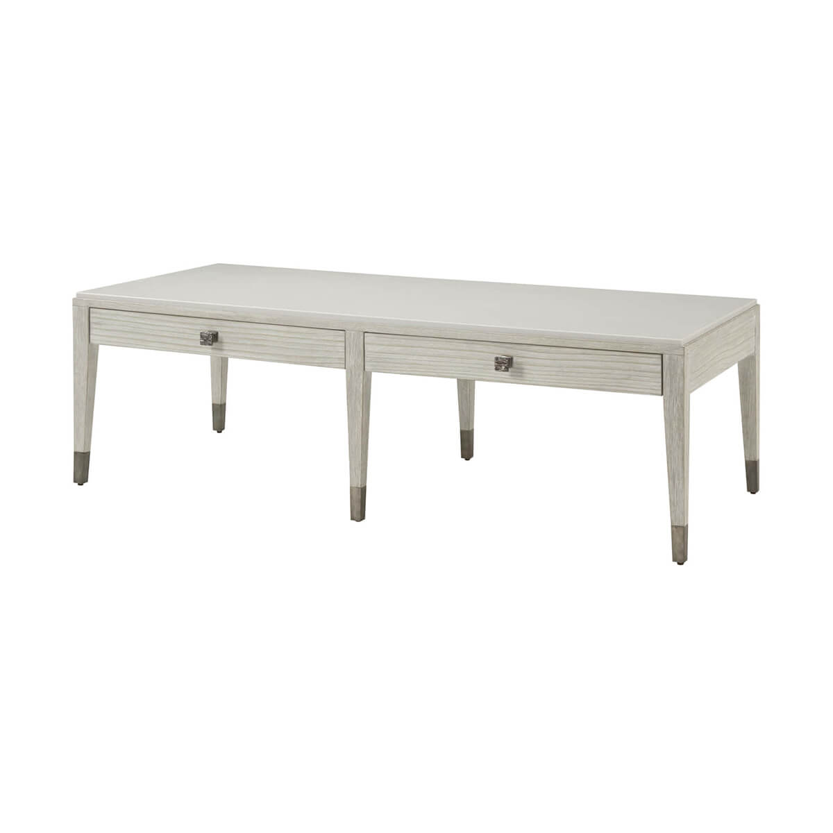 Coastal style cocktail table angled view, drawers visible.