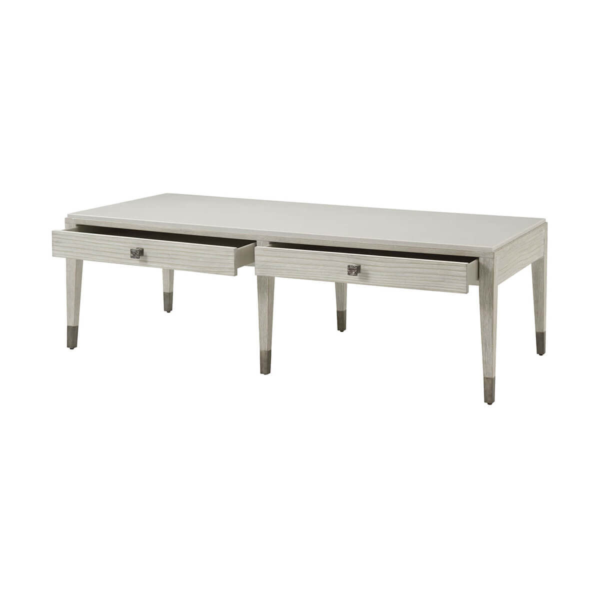 Coastal style cocktail table with open drawers, modern design.