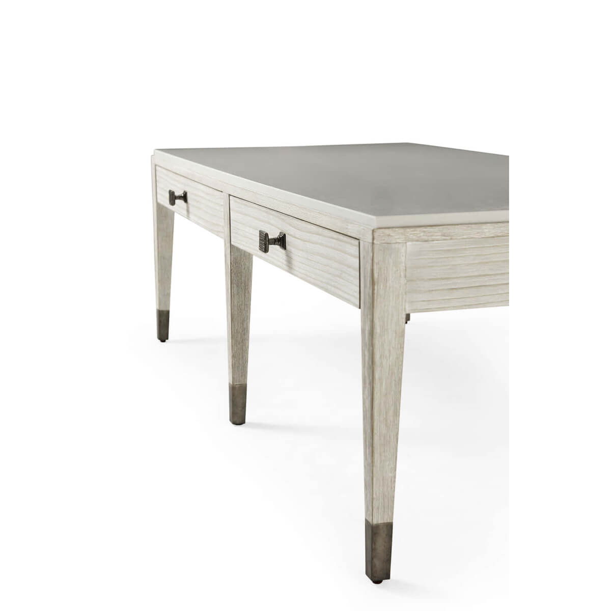 Side perspective of coastal style cocktail table with handles.