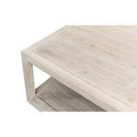 Close-up of coffee table corner, wood grain detail.