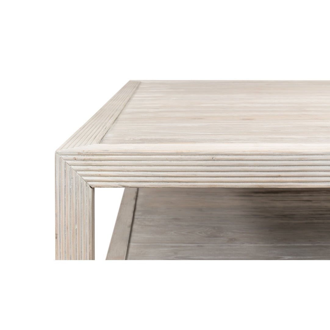Table corner detail, highlighting wood texture.