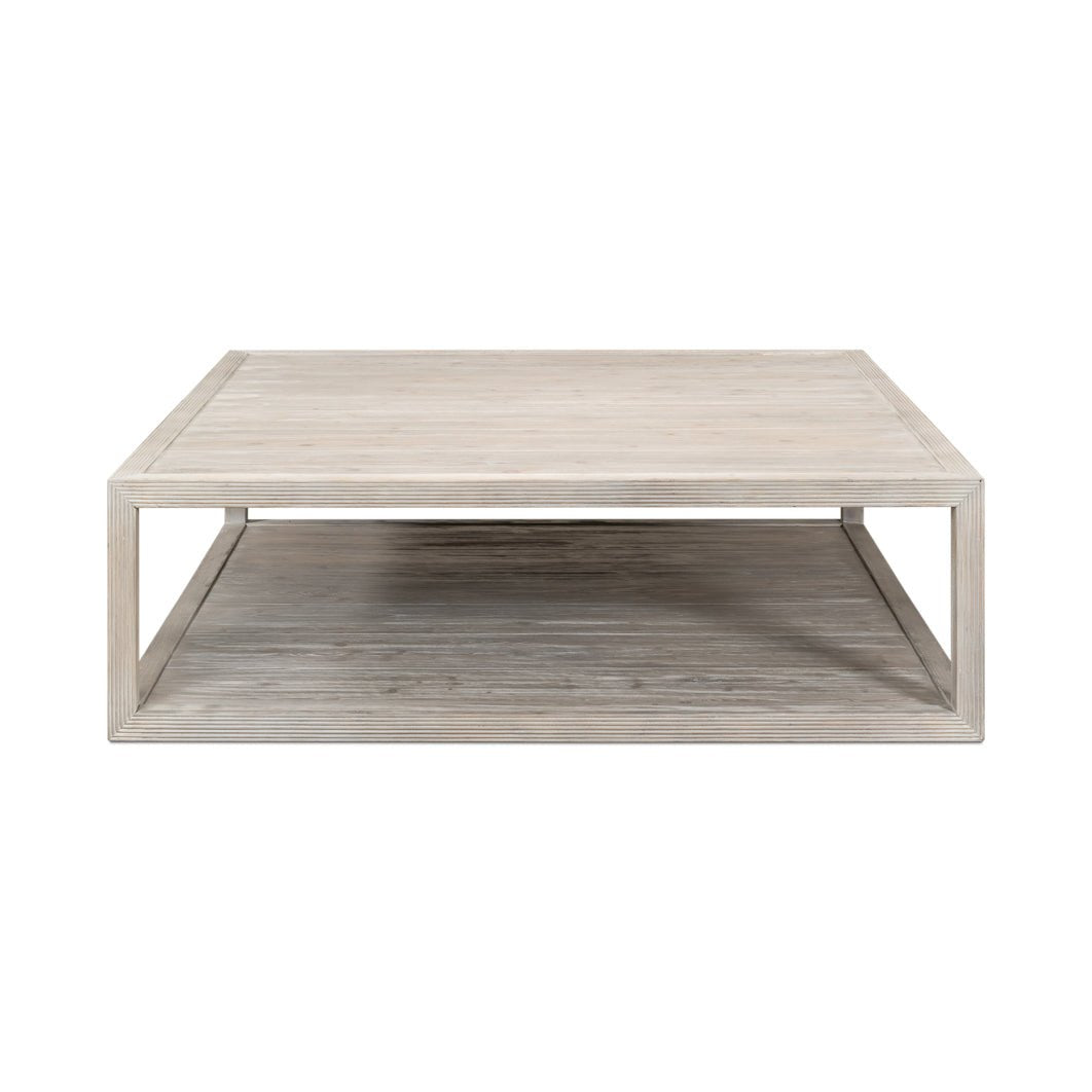 Square coffee table, front view, open shelf design.