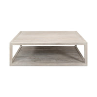 Square coffee table, front view, open shelf design.