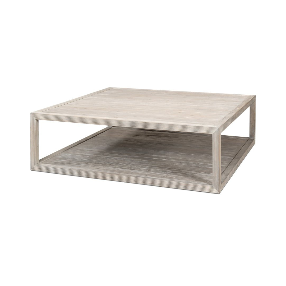 Square wooden coffee table, top view, light finish.