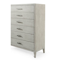 Angled side view of coastal painted tall chest.
