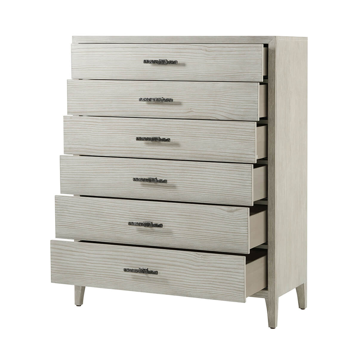 Coastal style chest with drawers partially open, side view.