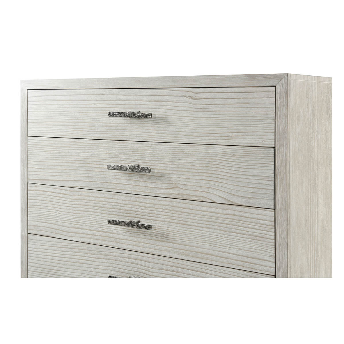 Close-up of top drawers on coastal style tall chest.