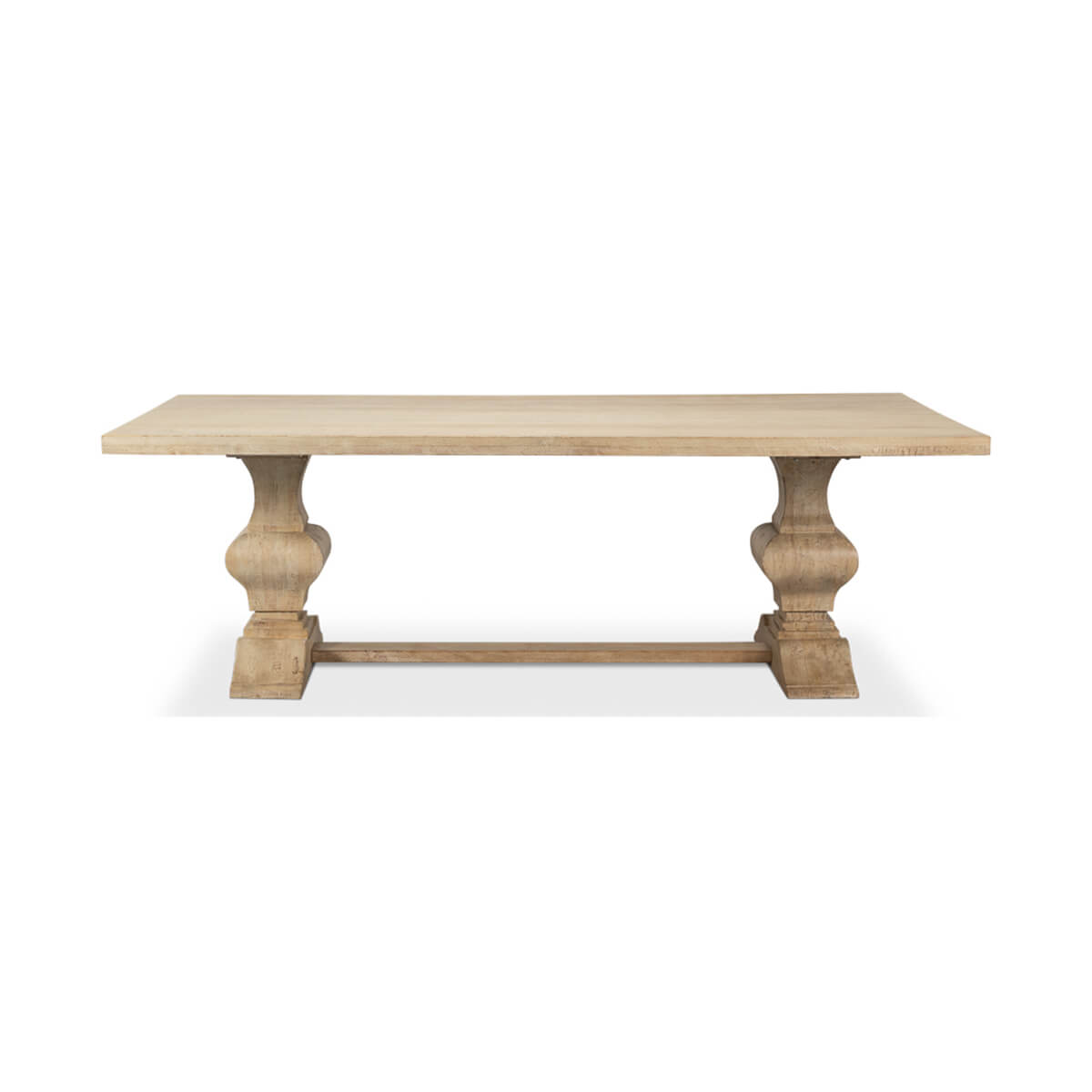 Wooden dining table, front view with intricate pedestal base.