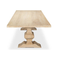 Dining table length view showing symmetrical pedestal legs.