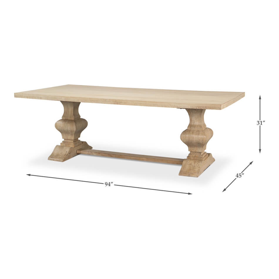Wooden dining table with dimensions, angled perspective.
