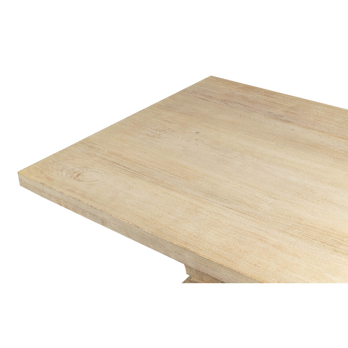 Close-up of table corner with smooth wooden finish.