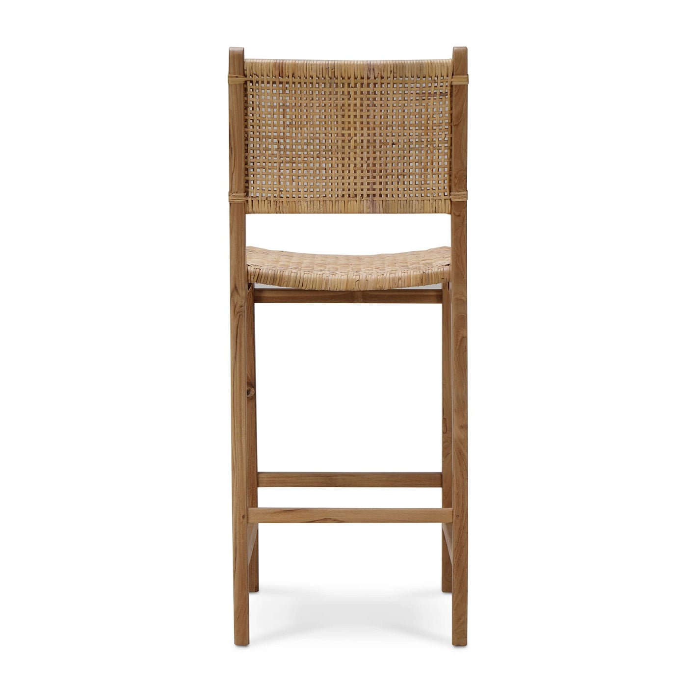 Teak barstool back view displaying sturdy construction.